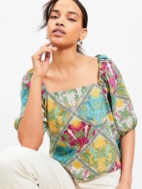 LOFT Palm Bubble Sleeve Square Neck Blouse Size Large